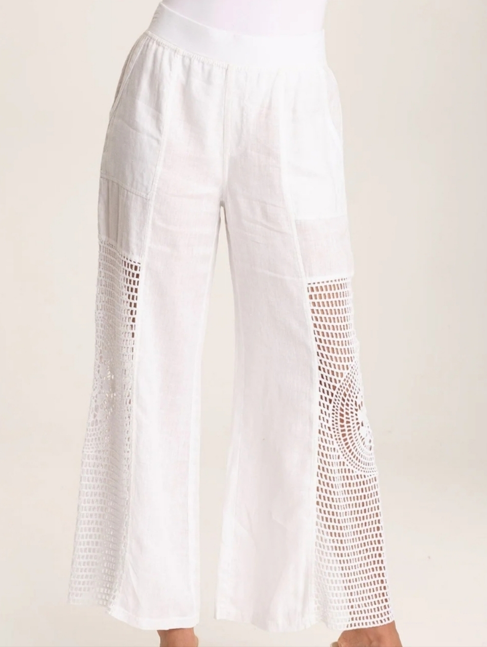 XCVI White Crochet-Panel Wide Leg Pants